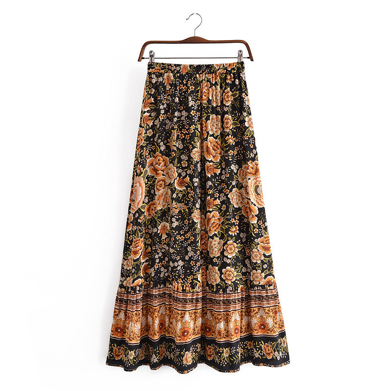 Women's Printed Positioning Flower Tassel Elastic Waist Skirt