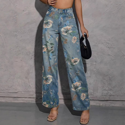 European And American Ladies Printed Pattern Casual Straight-leg Denim Trousers