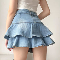 Women's Double-layer Ruffled Denim Skirt Retro Easy Matching High Waist Slimming