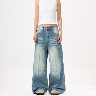 Wide-leg Blue Jeans Deconstruct Stitching Men And Women
