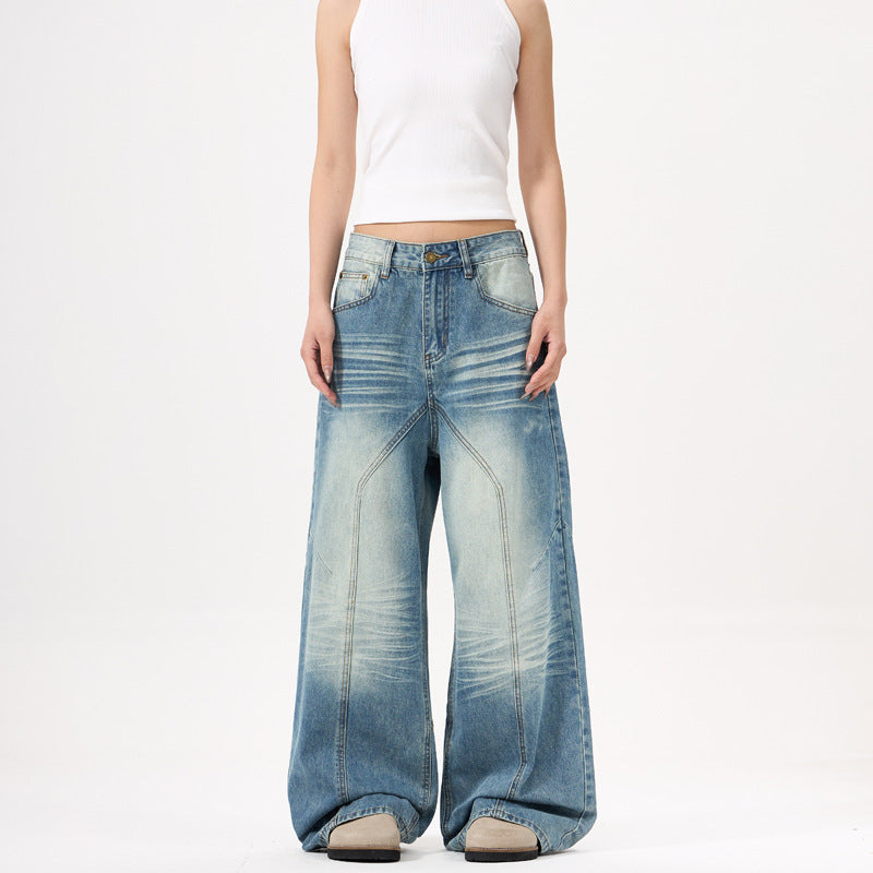 Wide-leg Blue Jeans Deconstruct Stitching Men And Women