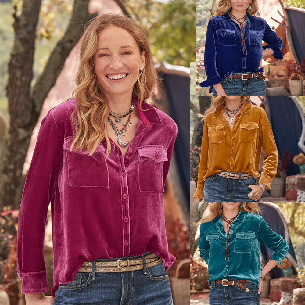 Women's Casual Slim-Fit Long Sleeve Velvet Shirt