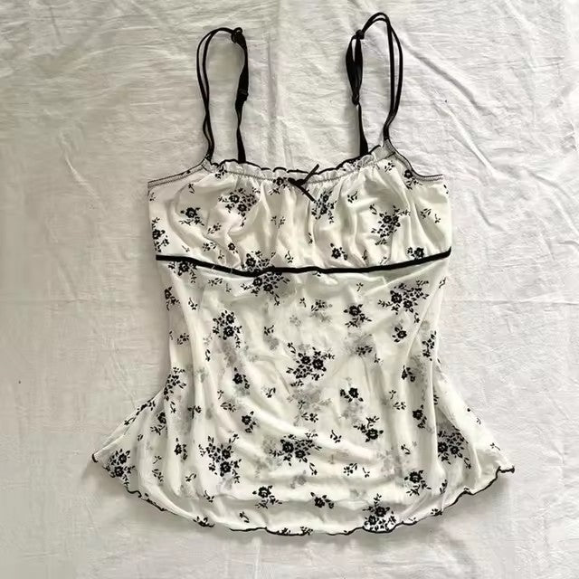 Bow Lace Trim Printed Sleeveless Tank Top