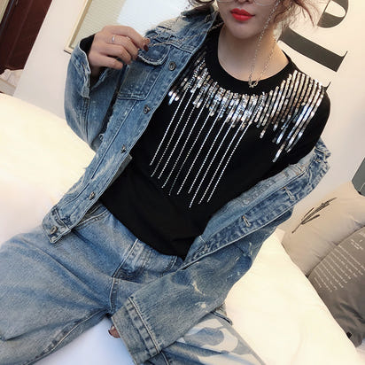 Sequin Rhinestones Tassel Women's Short Sleeve Spring And Summer New