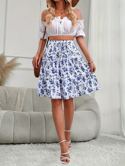 Floral Print Stretch Waist Skirt Knee Layered Hem A- Line Skirt