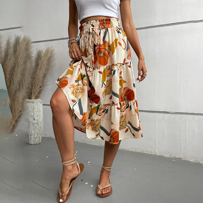 Women's Floral Tiered Midi Skirt Elastic Waist Dressy Casual A-line Flowy Boho Skirts