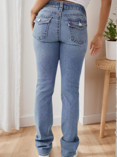 Women's High Waisted Elastic Slim Fit Wide Leg Jeans - Retro Washed Light Blue, All Season Casual Pants, Built-in Zipper, Machine Washable, Multifunctional, Comfortable And Fashionable Clothing