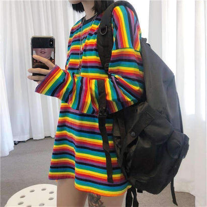Cute girl rainbow stripes loose wild long-sleeved T-shirt