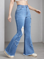 2025 New Women'S High-Stretch Flare Jeans With Heart Embroidery Patchwork - Trendy Distressed Denim Bell Bottoms, Comfortable & Versatile Light Blue Casual Pants,Fashion And Leisure