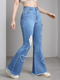 2025 New Women'S High-Stretch Flare Jeans With Heart Embroidery Patchwork - Trendy Distressed Denim Bell Bottoms, Comfortable & Versatile Light Blue Casual Pants,Fashion And Leisure
