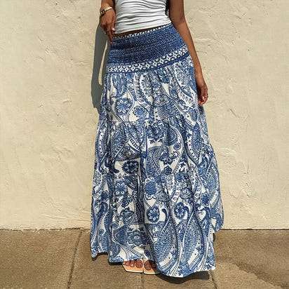 Women's Boho Floral Print Maxi Skirt - Elastic Waist A-Line Long Skirt For Spring&Summer Casual Beach Skirt