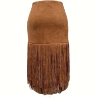 Women's Western Boho Fringe Skirt Solid Color Asymmetrical Hem Pull-On Denim Style Midi Skirt