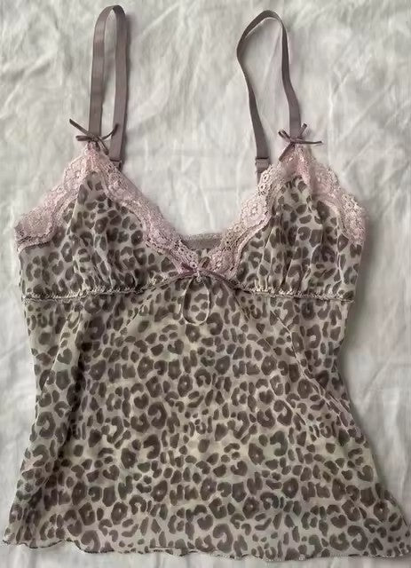 Bow Lace Trim Printed Sleeveless Tank Top