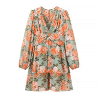 Women's Printed Bow Decorated V-neck Long Sleeve Loose Dress