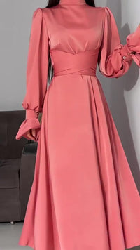 Spring and autumn new long sleeve waist bubble sleeve solid color fairy wind satin dress