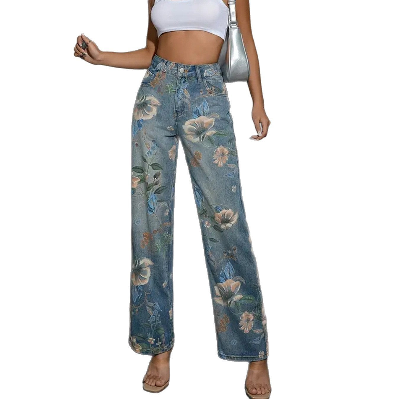 European And American Ladies Printed Pattern Casual Straight-leg Denim Trousers