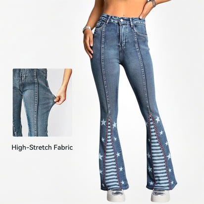 Women High Waisted Star Patchwork Flare 4th Of July Outfits For Women Bell Bottom Denim Pants For Curvy Girls Slim Fit Curve Enhancing Soft Stretch Fabric