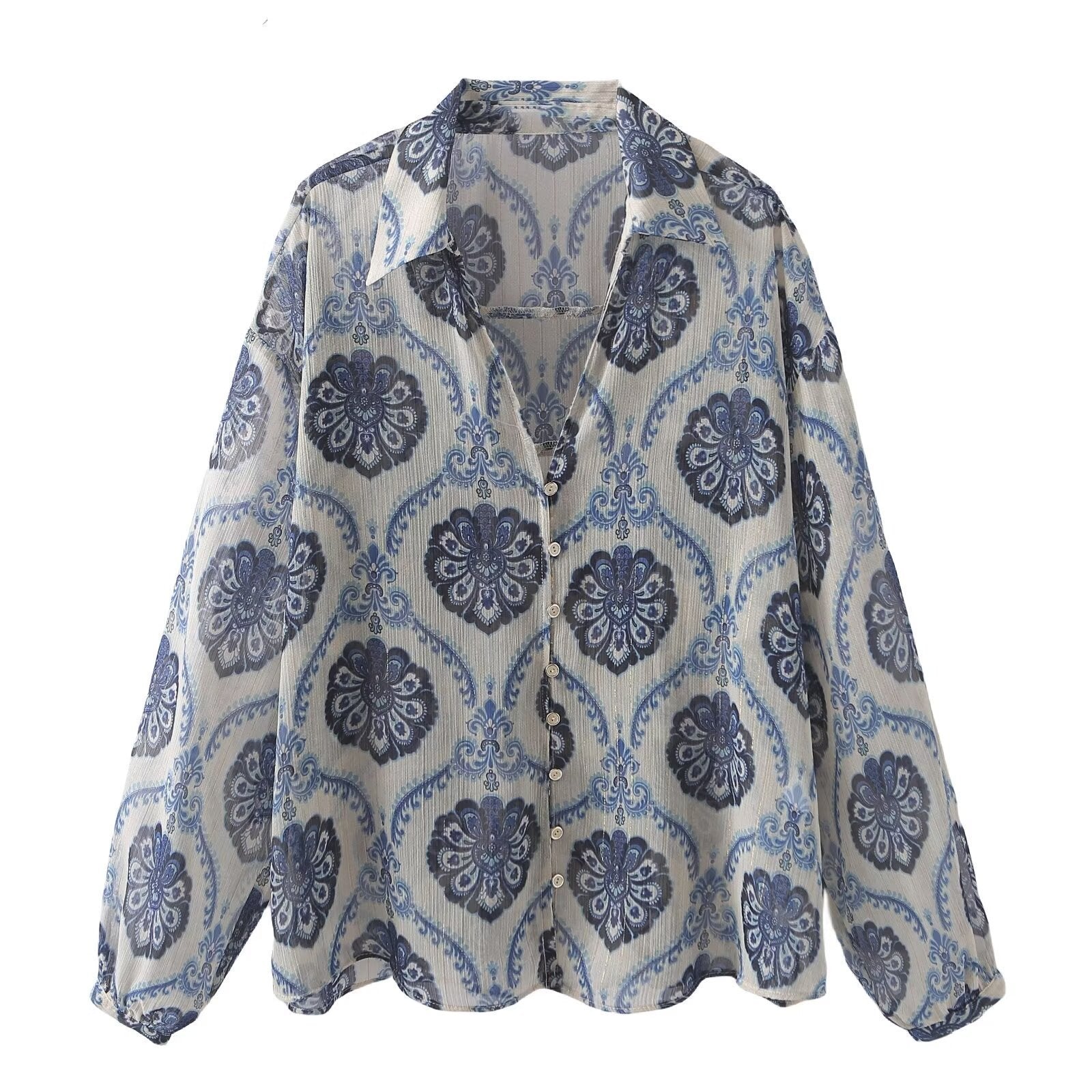 Women's Long Sleeve Loose Metallic Print Casual Shirt