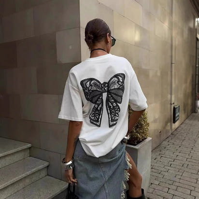 Millennium Bowknot Short-sleeved T-shirt Women's Lace Stitching