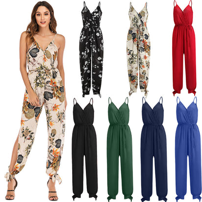 A large quantity of backless drawstring deep V-neck halter long jumpsuits