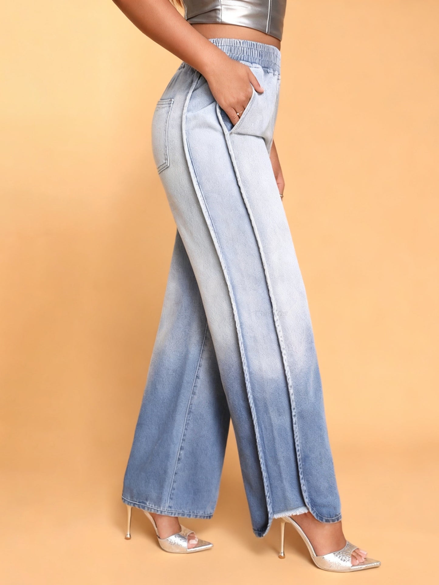 Light Blue Ombre Wide-Leg Jeans With Elastic Waist