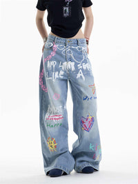 Waist Chain Printed Jeans Women's Straight Wide-leg Pants