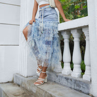 Mesh Floral Stitching Denim Skirt