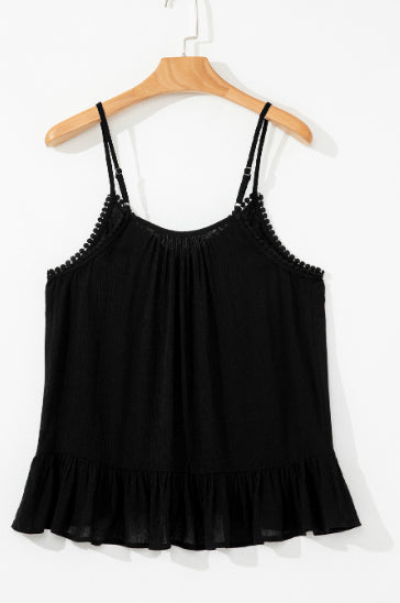 Black Floral Embroidery Ruffled Spaghetti Straps Tank Top