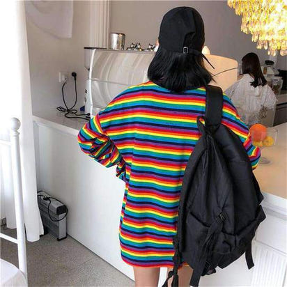 Cute girl rainbow stripes loose wild long-sleeved T-shirt