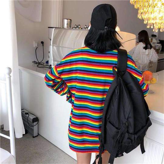 Cute girl rainbow stripes loose wild long-sleeved T-shirt