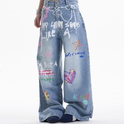 Waist Chain Printed Jeans Women's Straight Wide-leg Pants