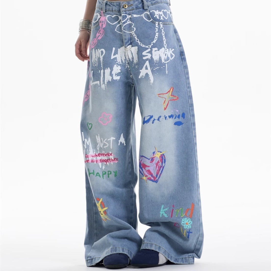 Waist Chain Printed Jeans Women's Straight Wide-leg Pants