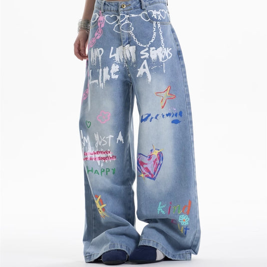 Waist Chain Printed Jeans Women's Straight Wide-leg Pants