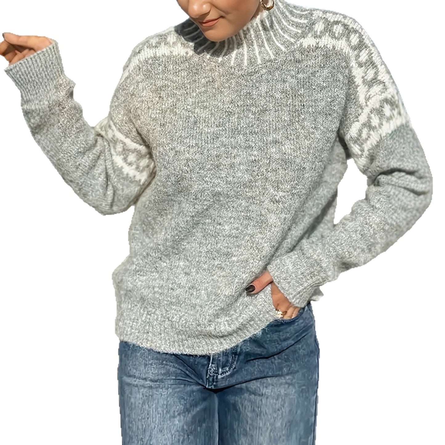 Grey high-neck sweater, jacquard design on the sleeves, loose-fitting pullover sweater