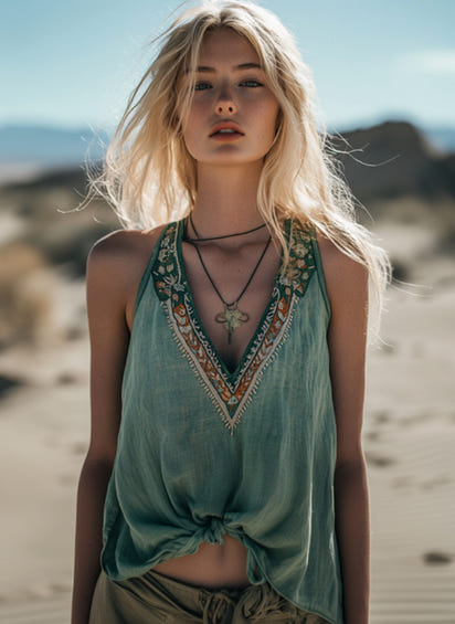 Women's Bohemia Ethnic Art Linen V-neek Tank Top