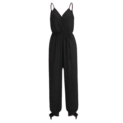 A large quantity of backless drawstring deep V-neck halter long jumpsuits