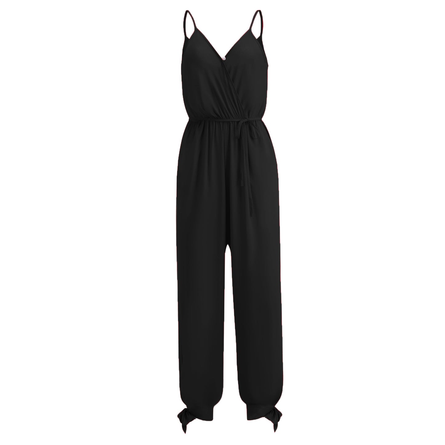 A large quantity of backless drawstring deep V-neck halter long jumpsuits