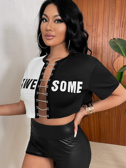 Europe and the United States new women's cross-border fashion letter cardigan T-shirt Amazon selling round neck color chain shirt