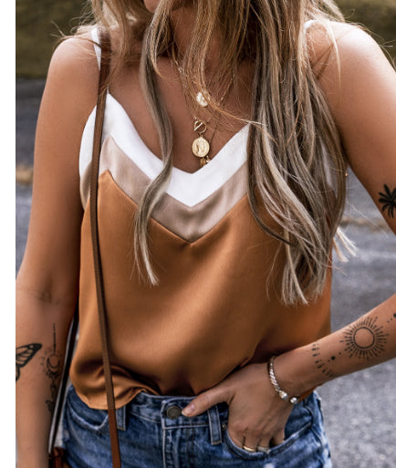 Khaki Chevron Color Block Spaghetti Straps Tank Top