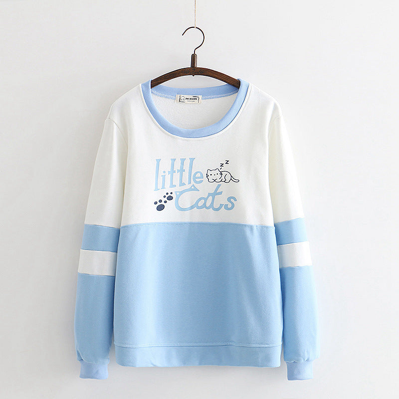 Colorblock cat print long-sleeved sweatshirt