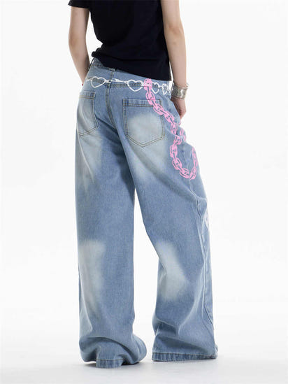 Waist Chain Printed Jeans Women's Straight Wide-leg Pants