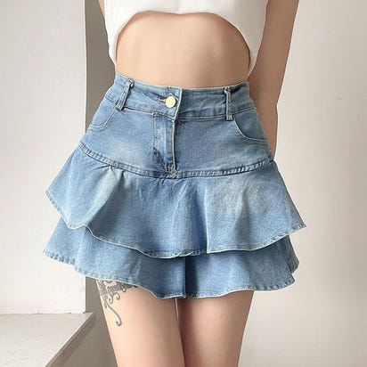 Women's Double-layer Ruffled Denim Skirt Retro Easy Matching High Waist Slimming