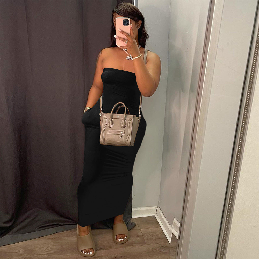 S390151 Women's  solid-color strapless dress, a fashionable and elegant long dress for women