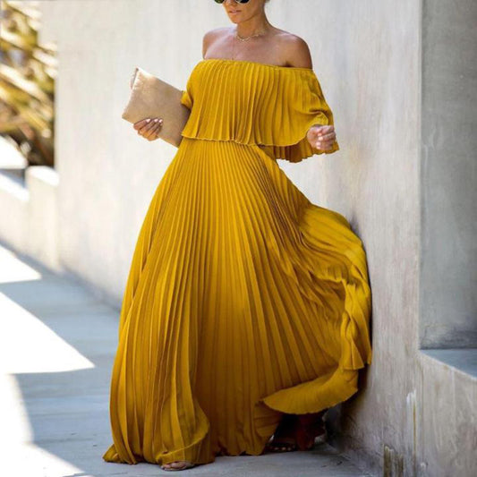 Spring new women's dress  off-the-shoulder one-line shoulder pleated chiffon party dress