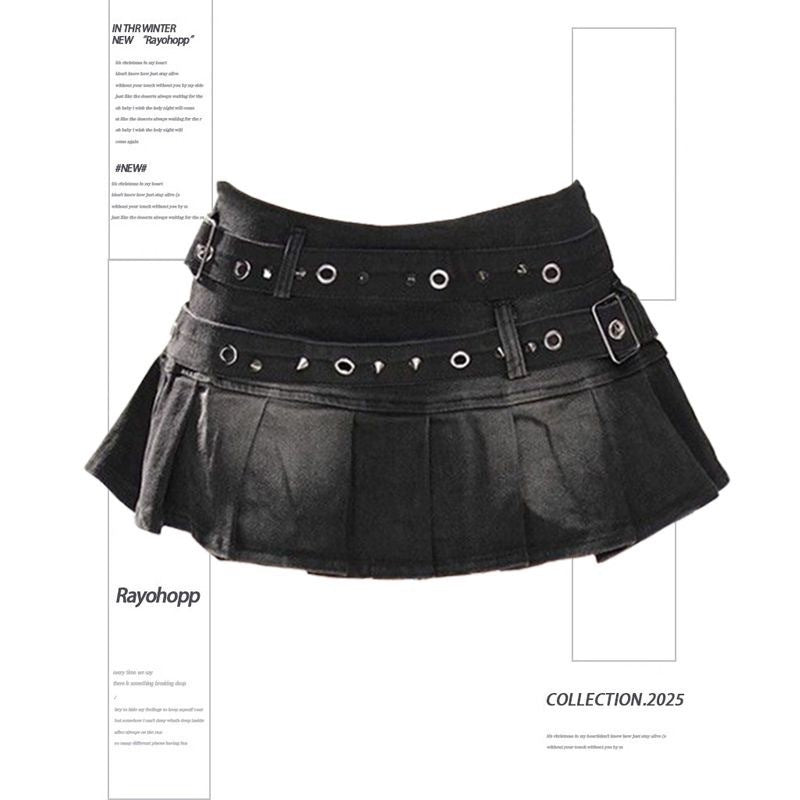 American Retro Large Size Washed Pleated Denim Skirt