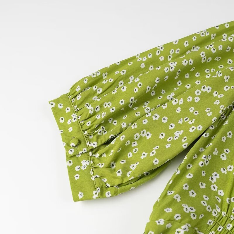 Fashion V-neck Puff Sleeve Green Tie-waist Dress For Women