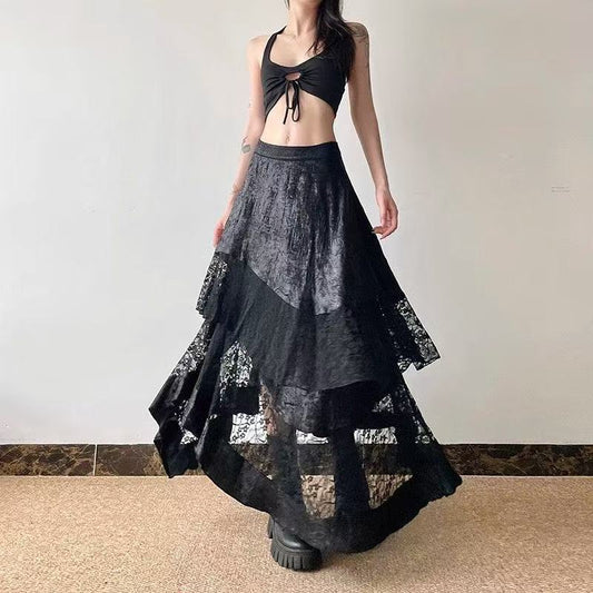 Dark Style Hot Girl Lace Stitching Skirt Irregular