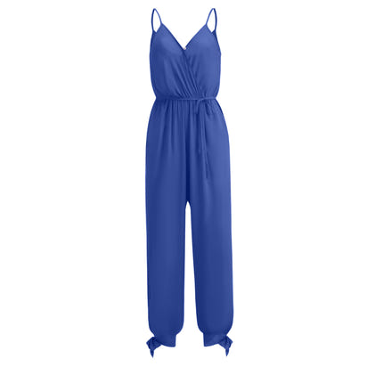 A large quantity of backless drawstring deep V-neck halter long jumpsuits