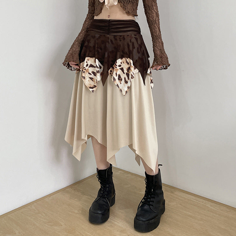 Leopard Print Mesh Stitching Irregular Skirt Hot Girl Pleated High Waist