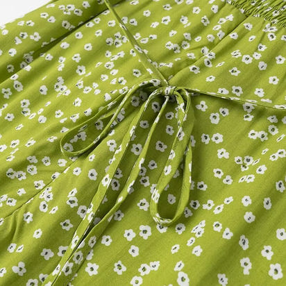 Fashion V-neck Puff Sleeve Green Tie-waist Dress For Women